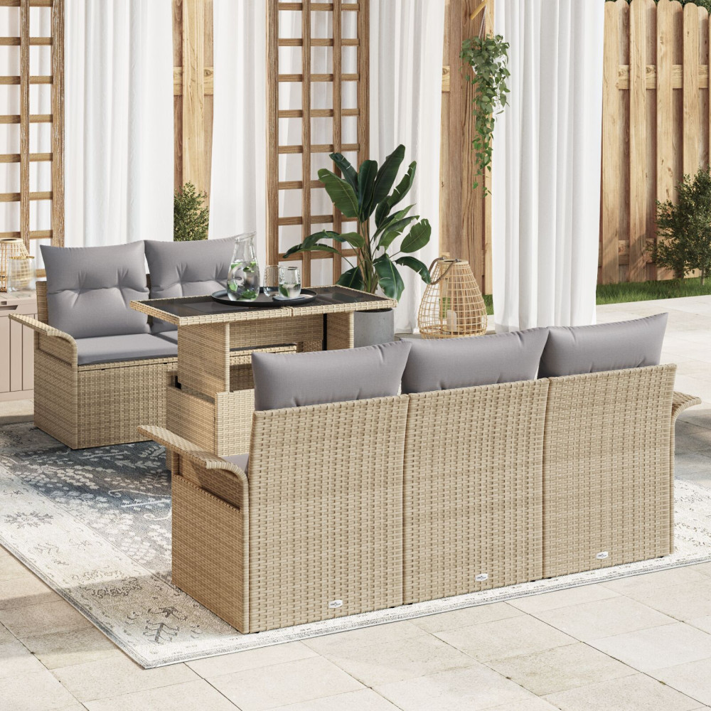 Produktbild för Trädgårdsoffset med kudde 6 pcs Beige konstrotting