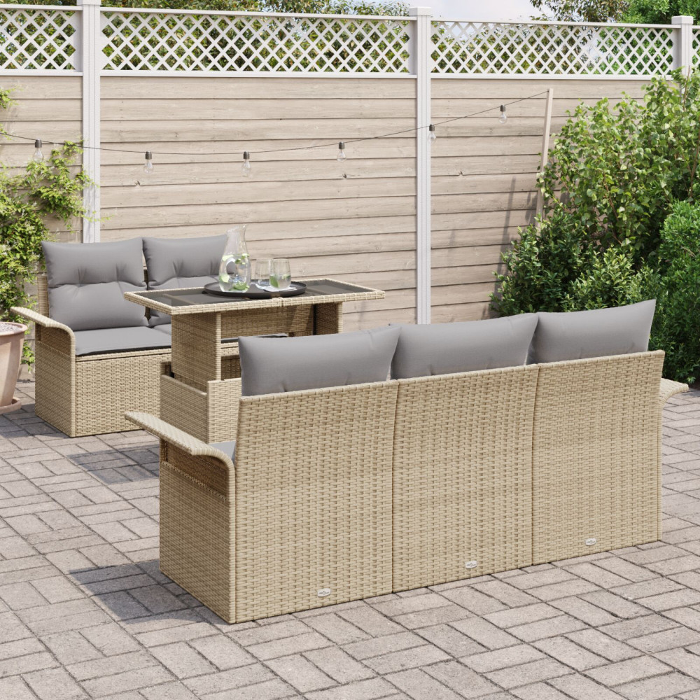 Produktbild för Trädgårdsoffset med kudde 6 pcs Beige konstrotting