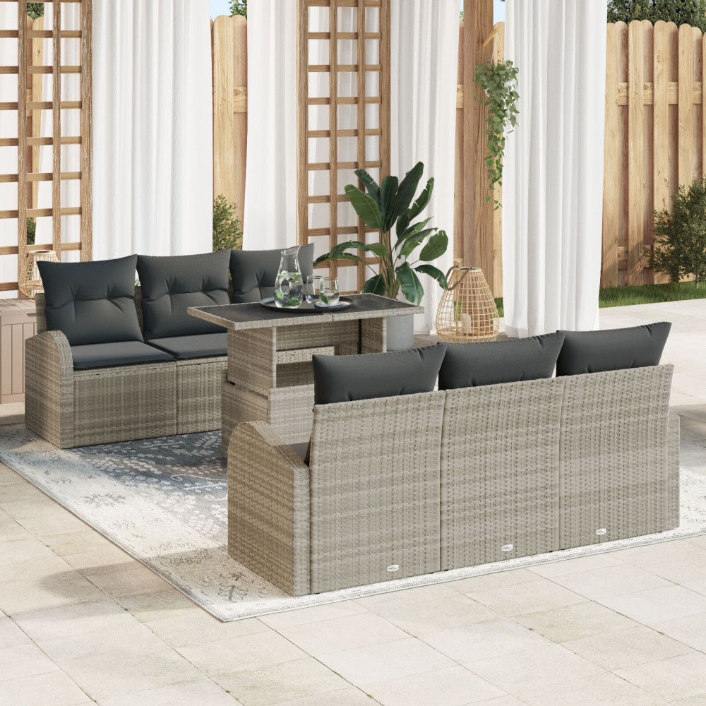 Produktbild för Trädgårdsoffset med kudde 7 pcs Ljusgrå Poly rattan