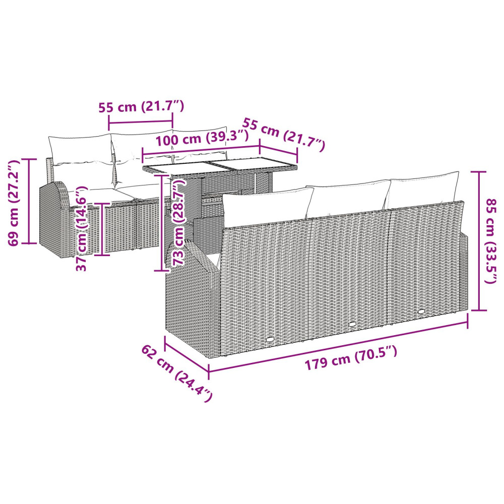 Produktbild för Trädgårdsoffset med kudde 7 pcs Ljusgrå Poly rattan