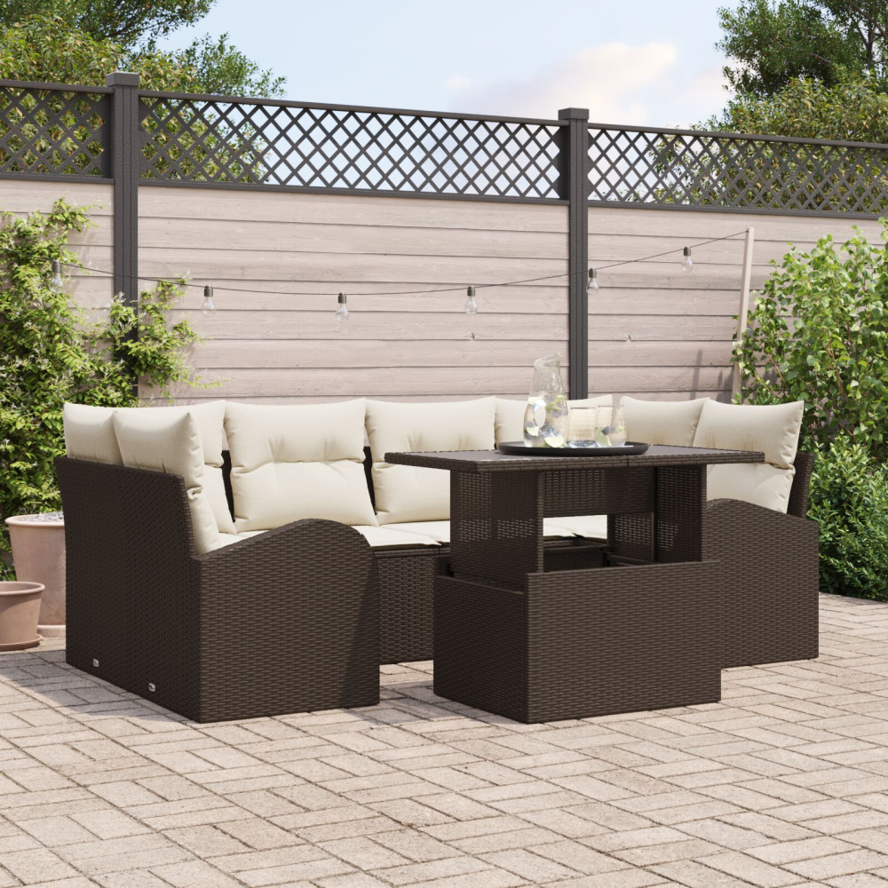 Produktbild för Trädgårdsoffset med kudde 7 pcs Brun Poly rattan