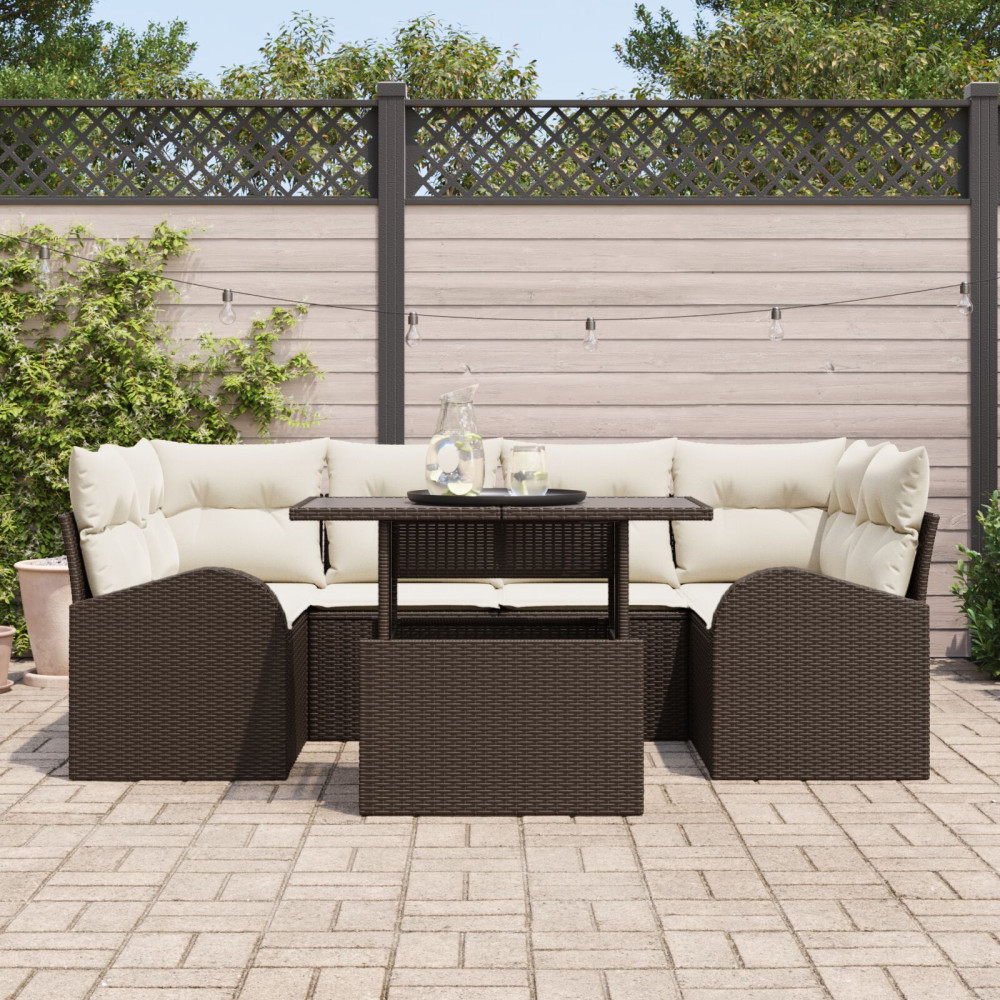 Produktbild för Trädgårdsoffset med kudde 7 pcs Brun Poly rattan