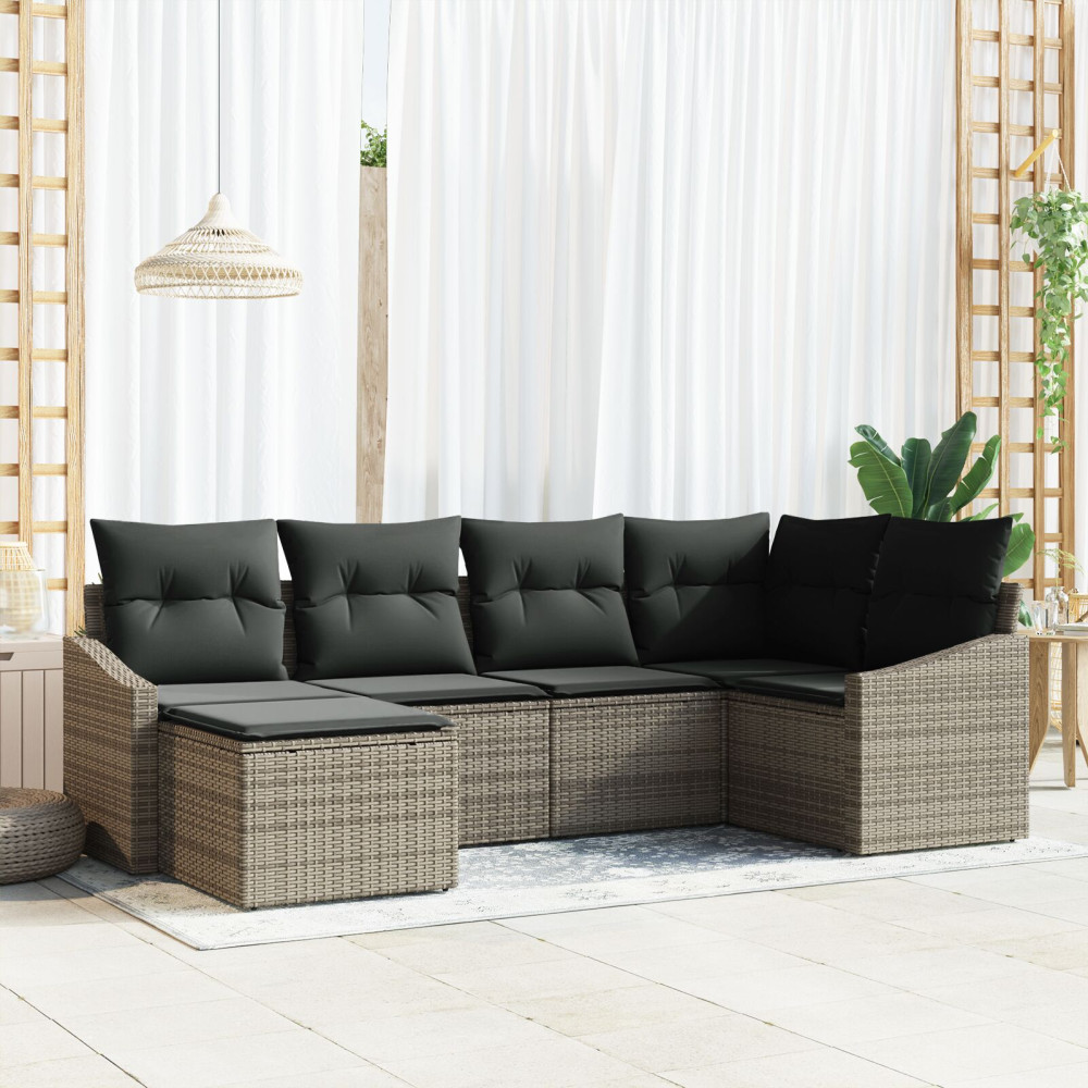 Produktbild för Trädgårdsmöbelset 6 pcs Grå Poly Rattan och Pulverlackerad Stål