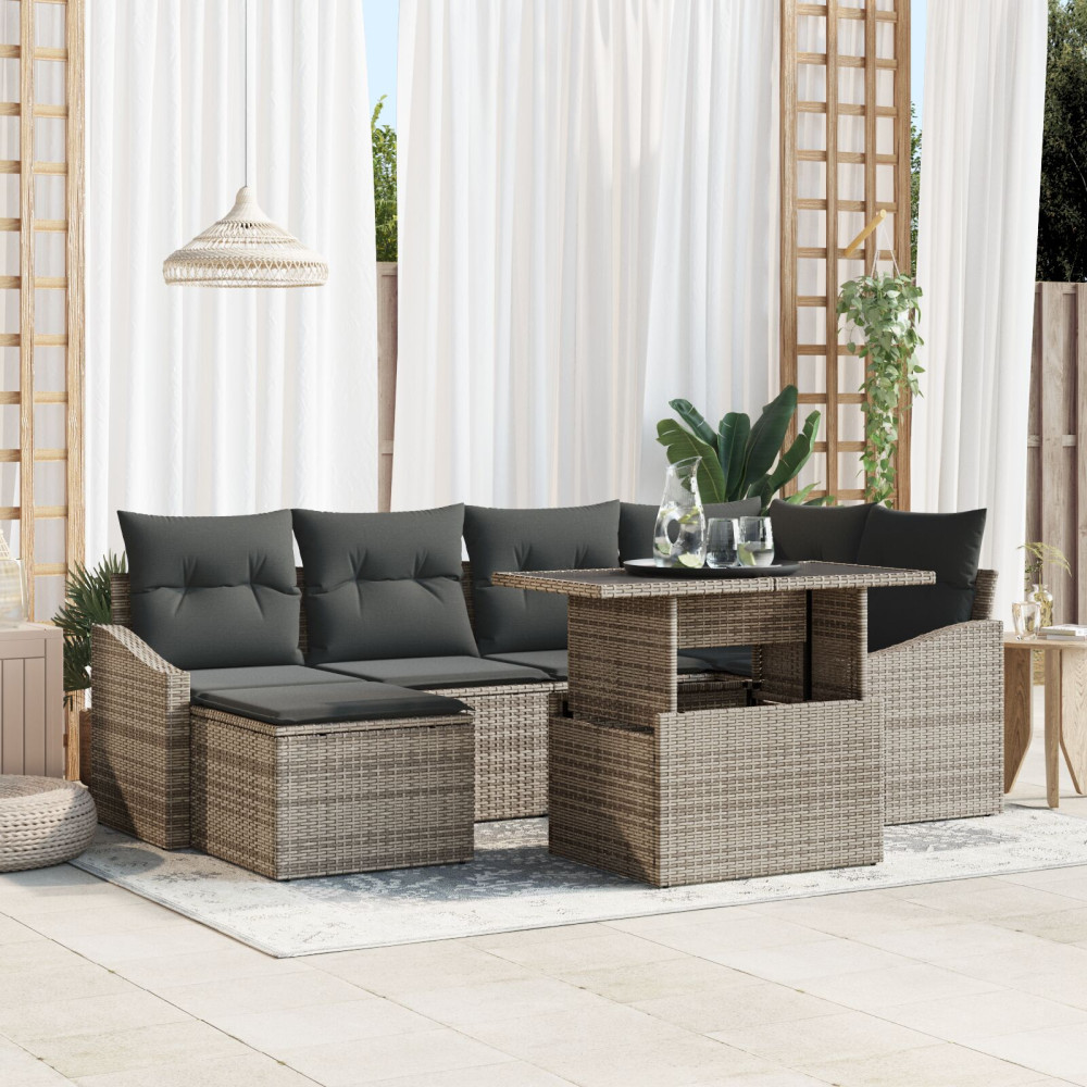Produktbild för Trädgårdsoffset 7 pcs Grå Poly Rattan och Pulverlackerad Stål
