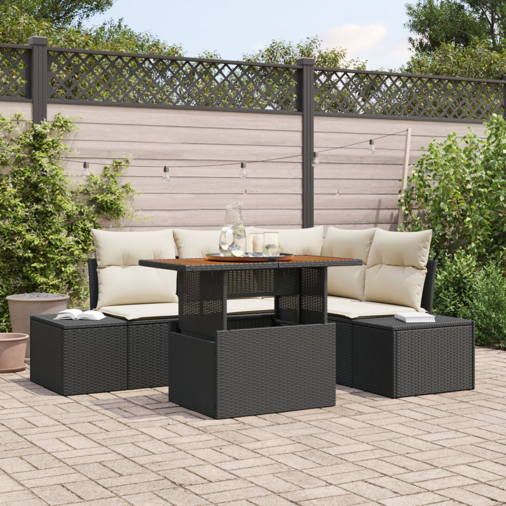 Produktbild för Trädgårdsoffset med lagring 5 pcs Svart Poly rattan