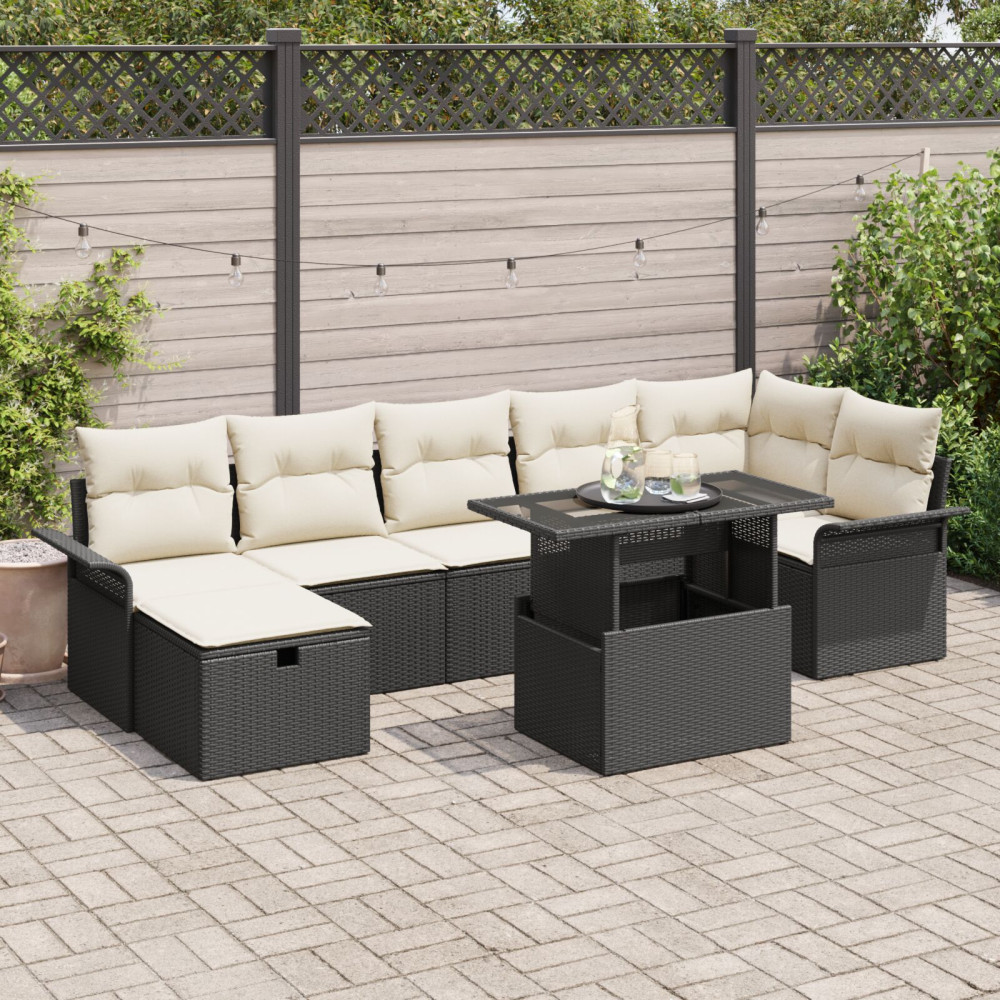 Produktbild för Trädgårdsoffset med kudde med lagring 8 pcs Svart Poly rattan