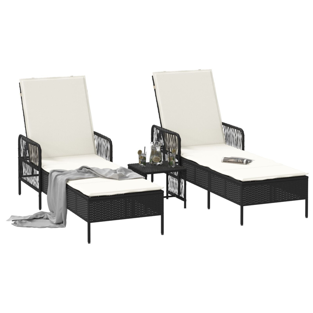 Produktbild för Solstol 3 pcs Svart och krämvit 55 x 200 x 92 cm konstrotting