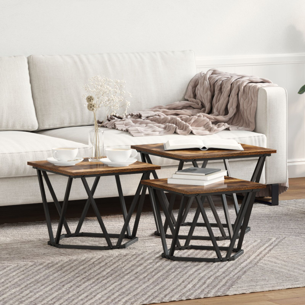 Produktbild för Kaffeebord 3 pcs Rökt ek Konstruerat trä och stål