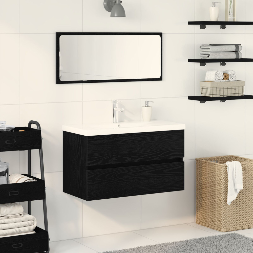 Produktbild för Badrumsskåp med handfat Svart Ek 80 x 39 x 62 cm