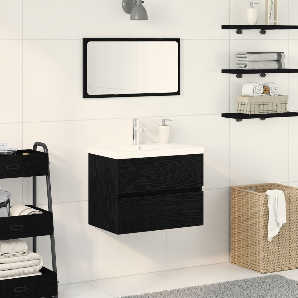 Produktbild för Badrumsskåp med handfat Svart Ek 60 x 39 x 62 cm
