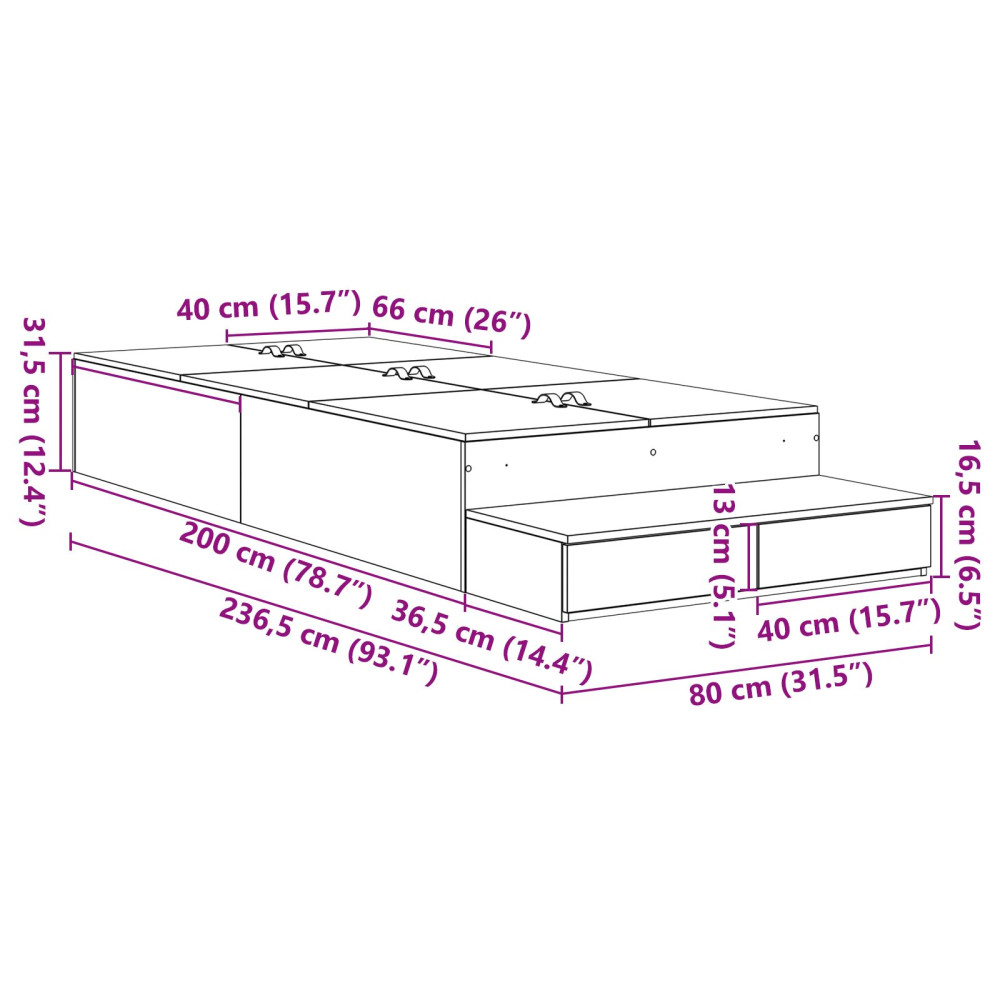Produktbild för Förvaringssängram med låda Svart Ek 80 cm Konstruerat trä