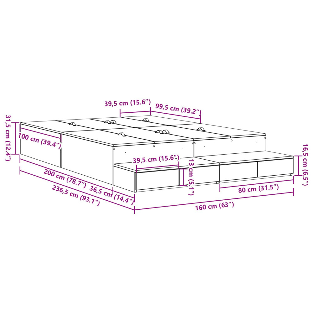 Produktbild för Förvaringssängram med låda Grå Sonoma 160 cm Konstruerat trä