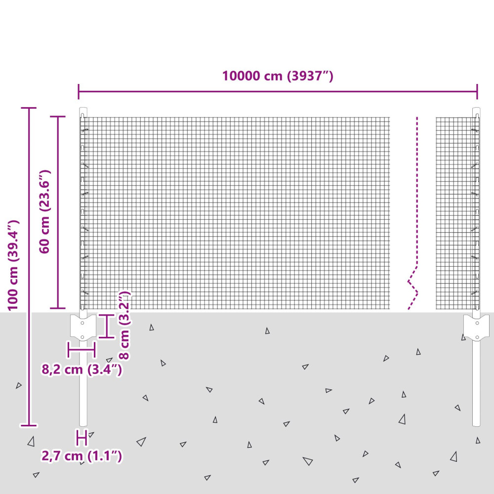 Produktbild för Svetsat trådgärd med stolpe 100 x 0,6 m (B x H)