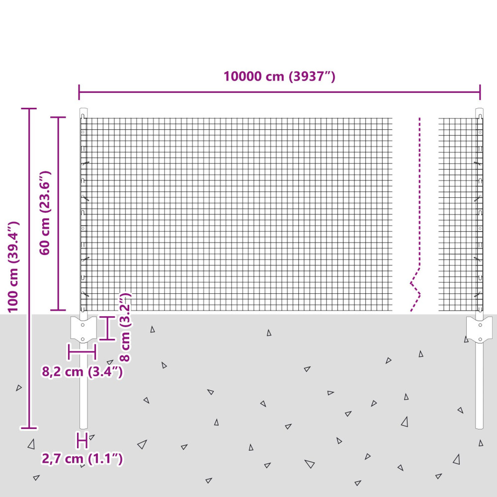 Produktbild för Svetsat trådgärd med stolpe 100 x 0,6 m PVC-belagda stål Grå