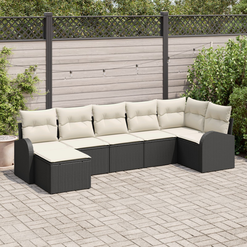 Produktbild för Trädgårdsoffset med kudde 7 pcs Svart Poly rattan