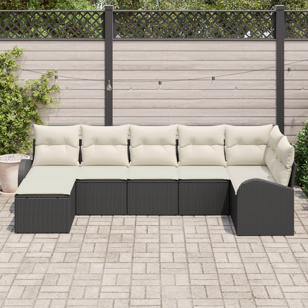Produktbild för Trädgårdsoffset med kudde 7 pcs Svart Poly rattan