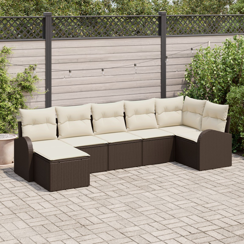 Produktbild för Trädgårdsoffset med kudde 7 pcs Brun Poly rattan