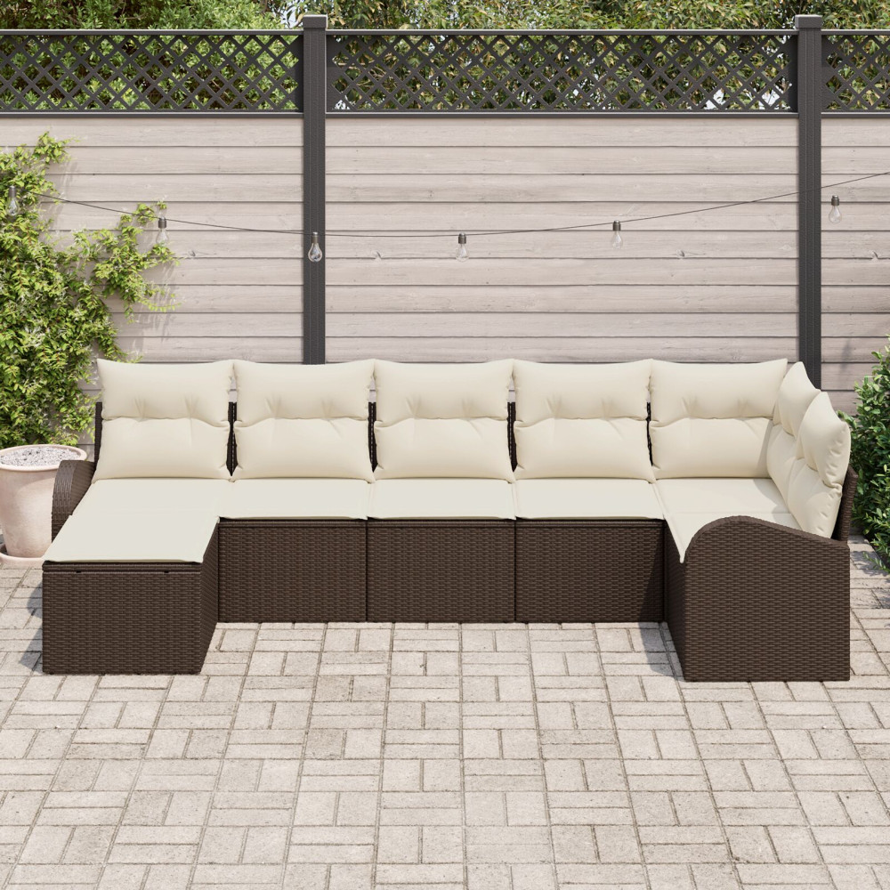 Produktbild för Trädgårdsoffset med kudde 7 pcs Brun Poly rattan