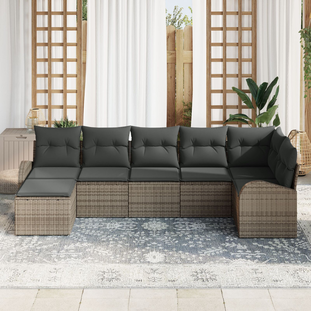 Produktbild för Trädgårdsoffset med kudde 7 pcs Grå Poly rattan