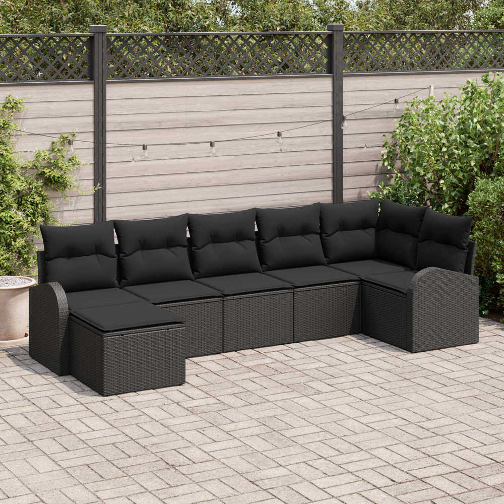 Produktbild för Trädgårdsoffset med kudde 7 pcs Svart Poly rattan