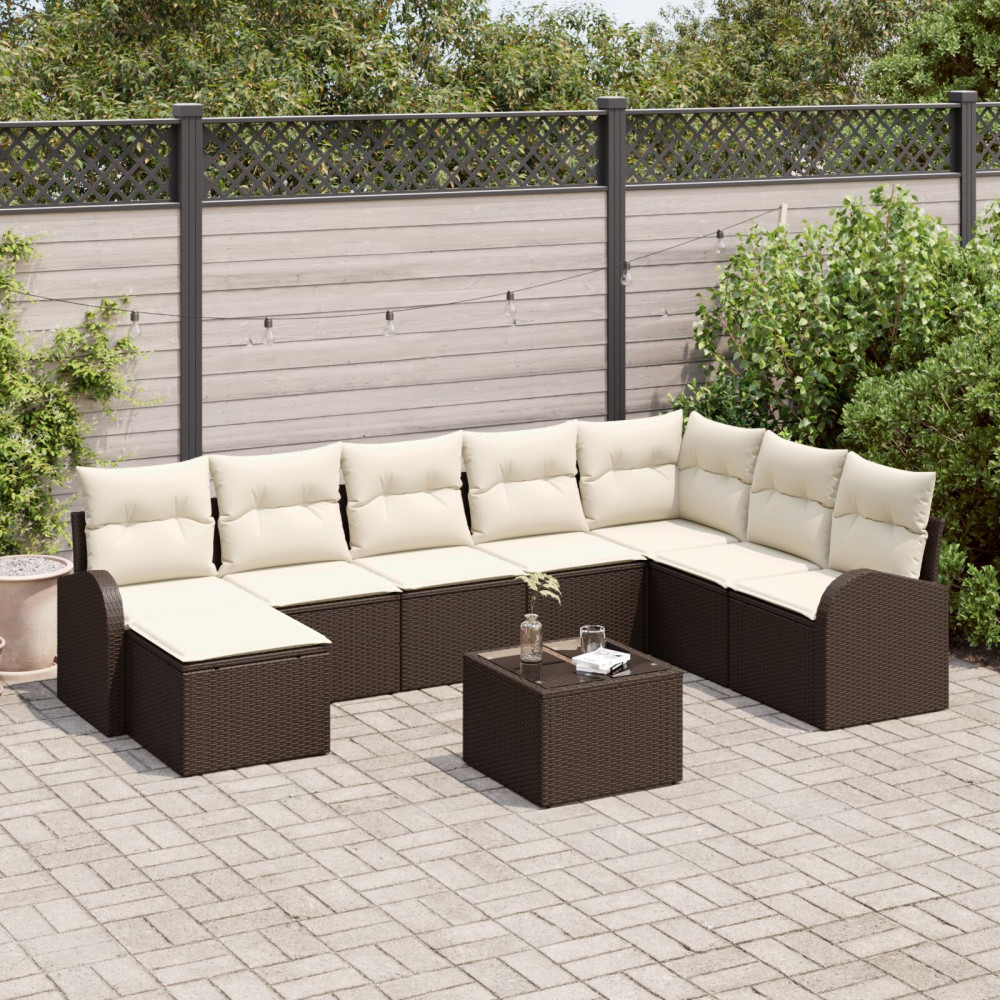 Produktbild för Trädgårdsoffset med kudde 9 pcs Brun Poly rattan