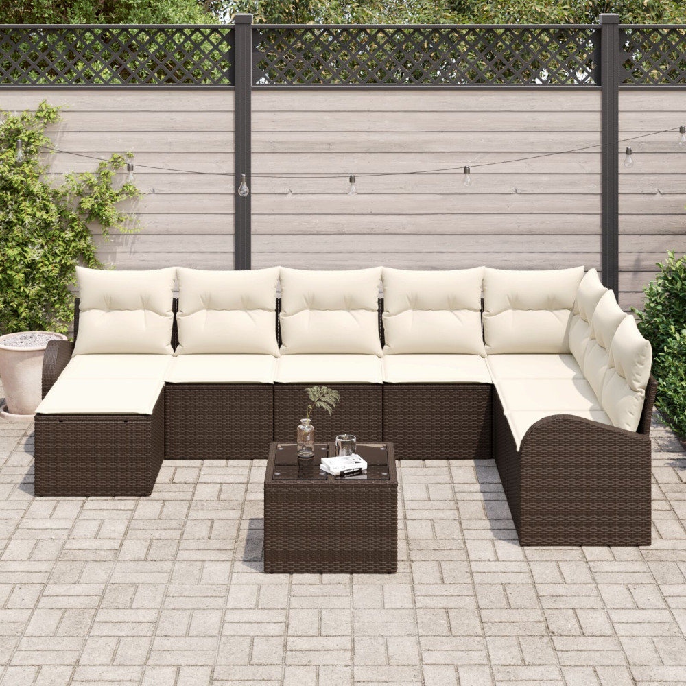 Produktbild för Trädgårdsoffset med kudde 9 pcs Brun Poly rattan