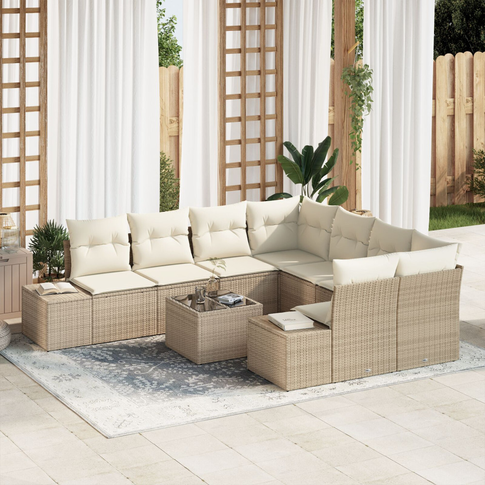 Produktbild för Trädgårdsoffset med kudde 9 pcs Beige konstrotting