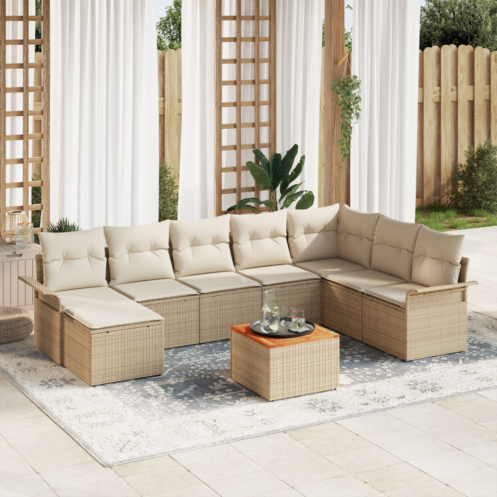 Produktbild för Trädgårdsoffset med kudde 9 pcs Beige konstrotting