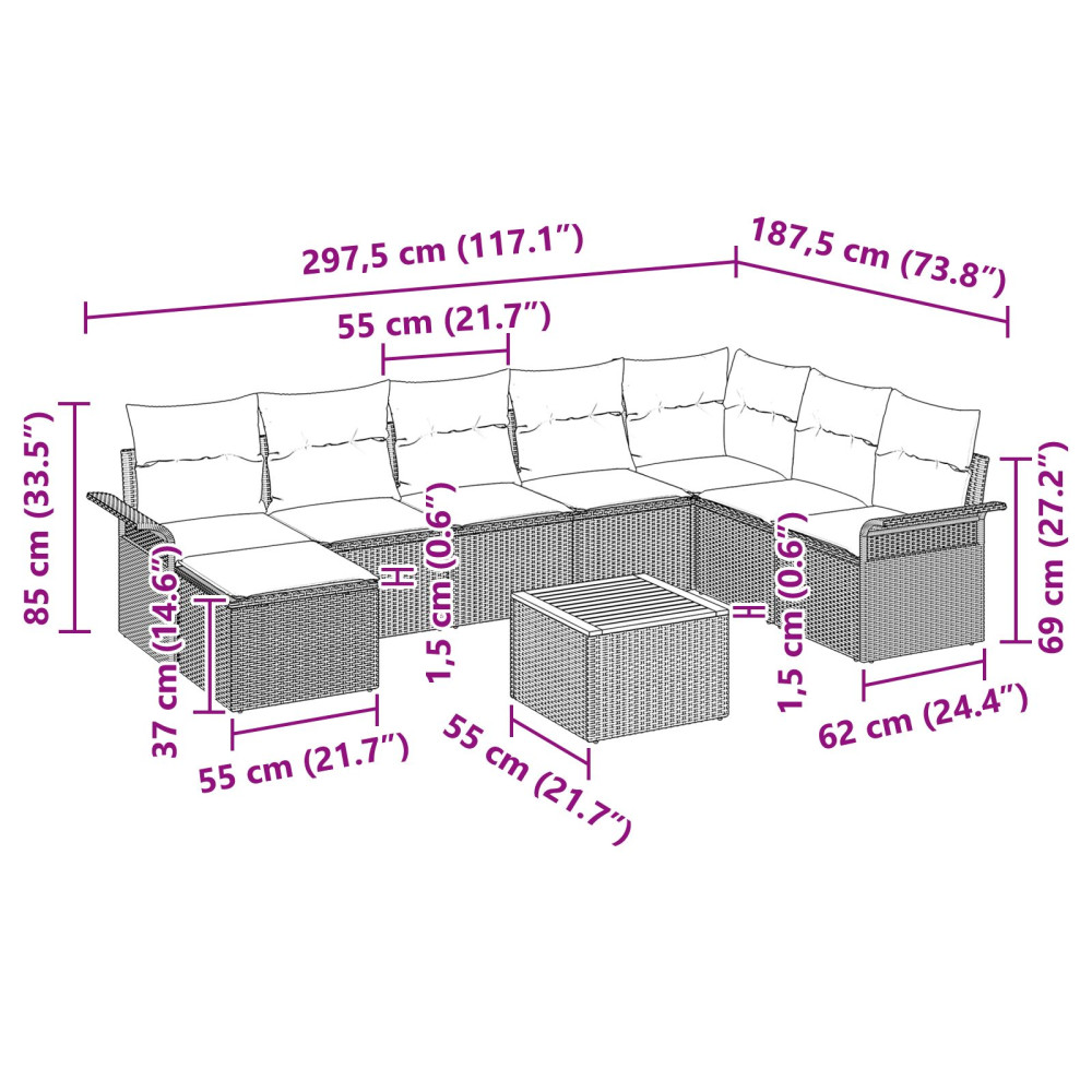 Produktbild för Trädgårdsoffset med kudde 9 pcs Beige konstrotting