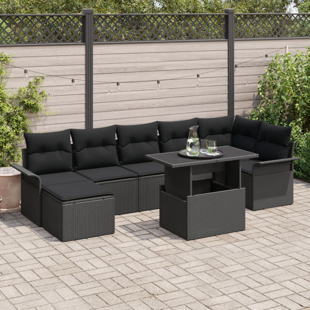 Produktbild för Trädgårdsoffset med kudde 8 pcs Svart Poly rattan