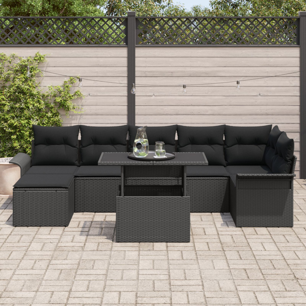 Produktbild för Trädgårdsoffset med kudde 8 pcs Svart Poly rattan