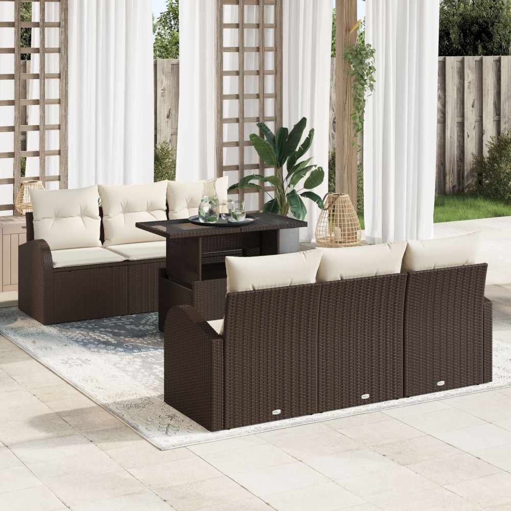 Produktbild för Trädgårdsoffset med kudde 7 pcs Brun Poly rattan