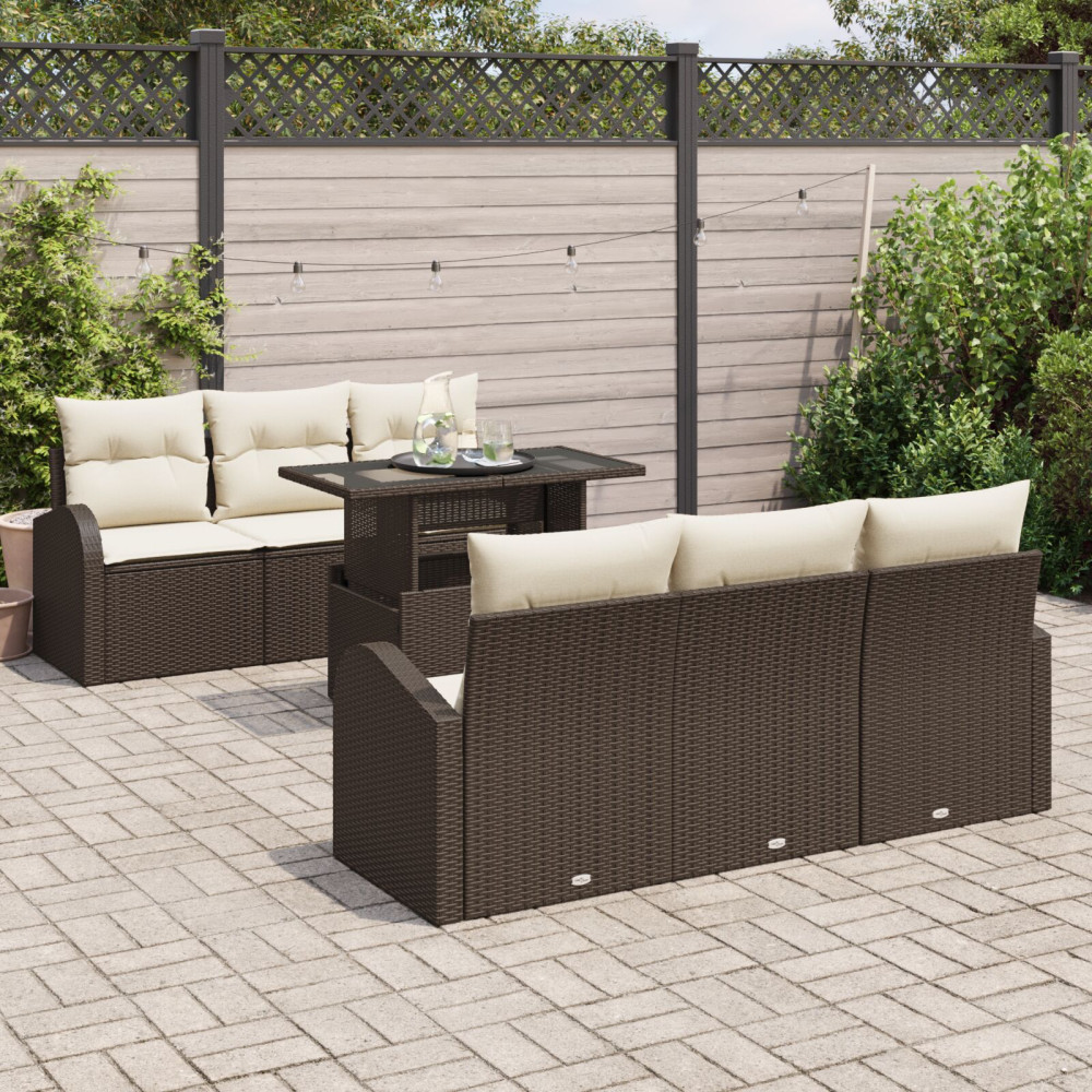 Produktbild för Trädgårdsoffset med kudde 7 pcs Brun Poly rattan