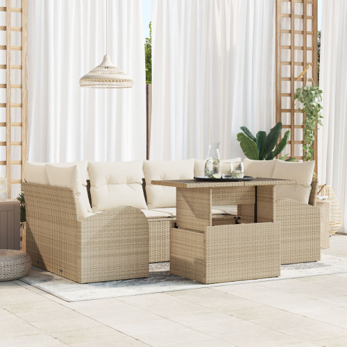 vidaXL Trädgårdsoffset med kudde 7 pcs Beige Poly rattan - Utesoffor