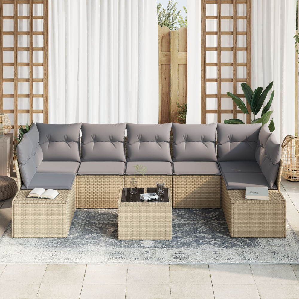 Produktbild för Trädgårdsoffset med kudde 8 pcs Beige och Grå konstrotting