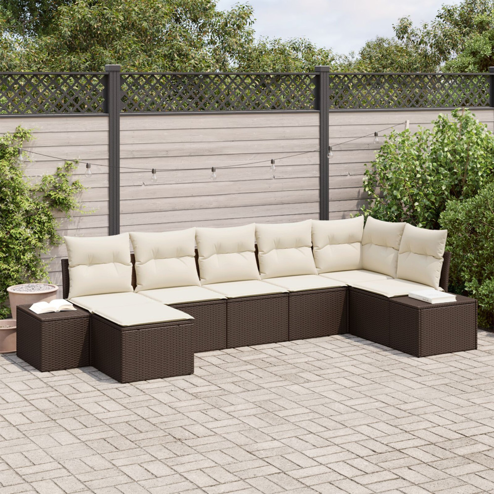 Produktbild för Trädgårdsoffset med kudde med lagring 7 pcs Brun Poly rattan