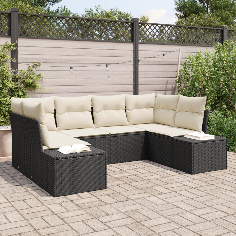 Produktbild för Trädgårdsoffset med lagring 6 pcs Svart och kräm Poly rattan