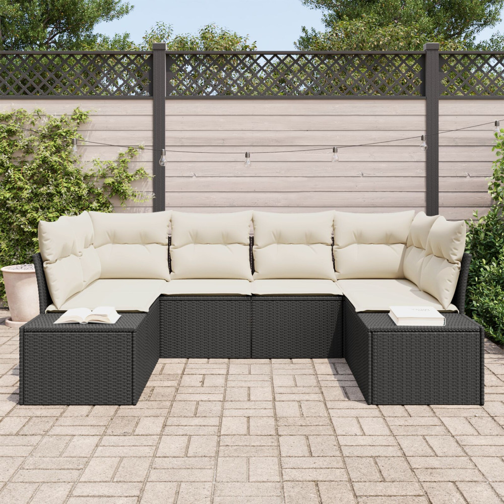 Produktbild för Trädgårdsoffset med lagring 6 pcs Svart och kräm Poly rattan