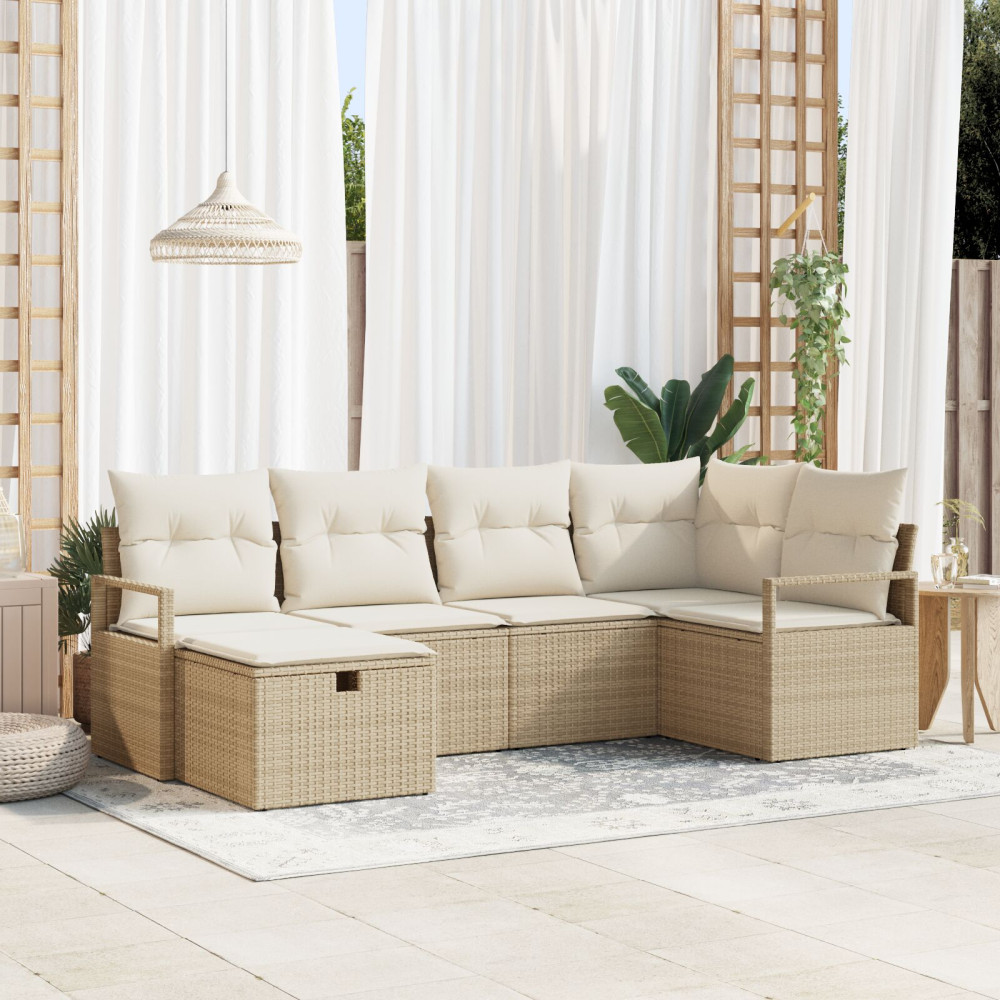 Produktbild för Trädgårdsoffset med kudde med lagring 6 pcs Beige Poly rattan