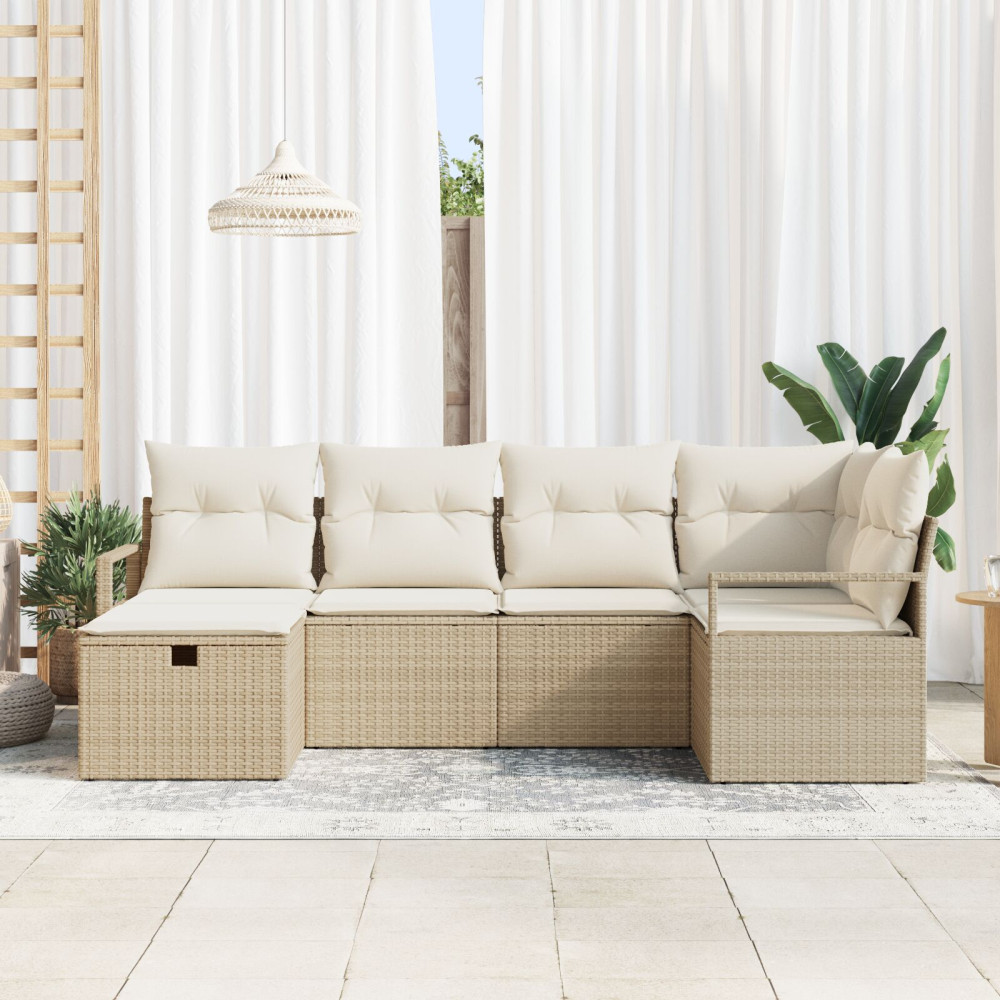 Produktbild för Trädgårdsoffset med kudde med lagring 6 pcs Beige Poly rattan