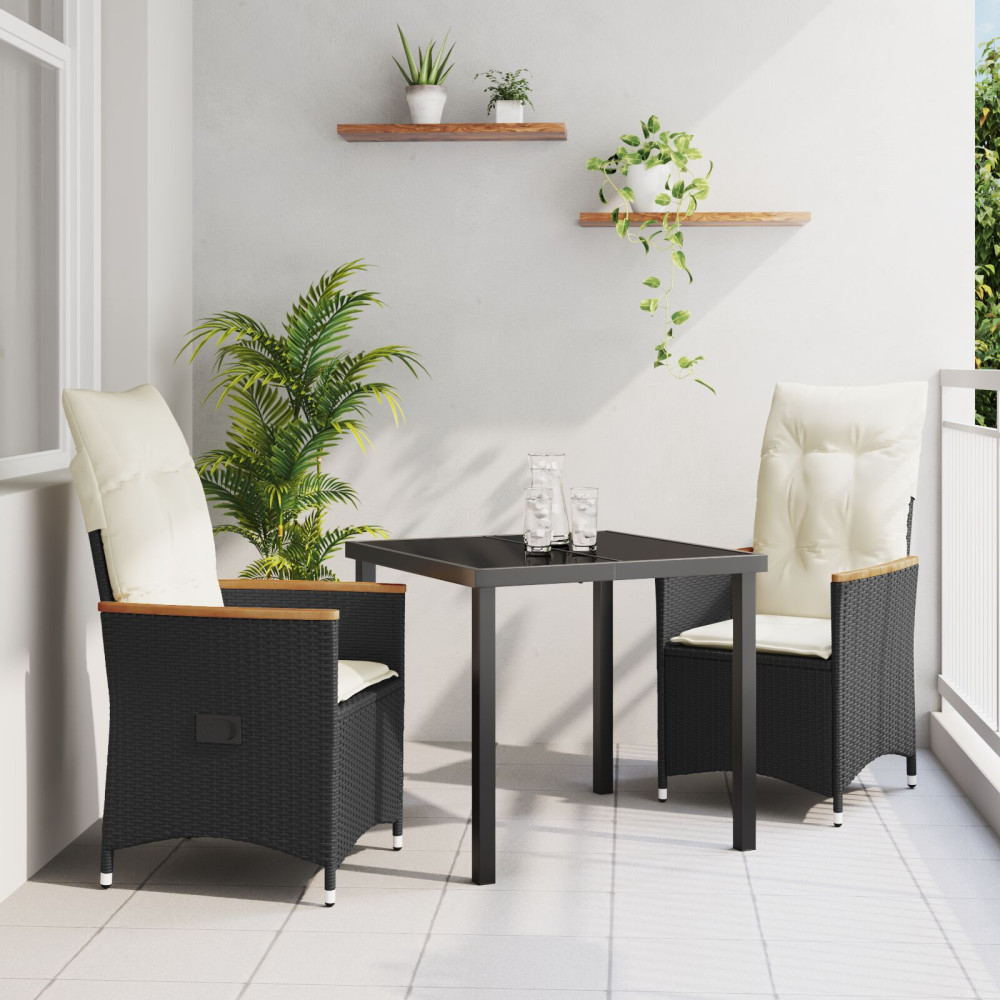 Produktbild för Trädgårdsmöbelset med kudde 3 pcs Svart konstrotting