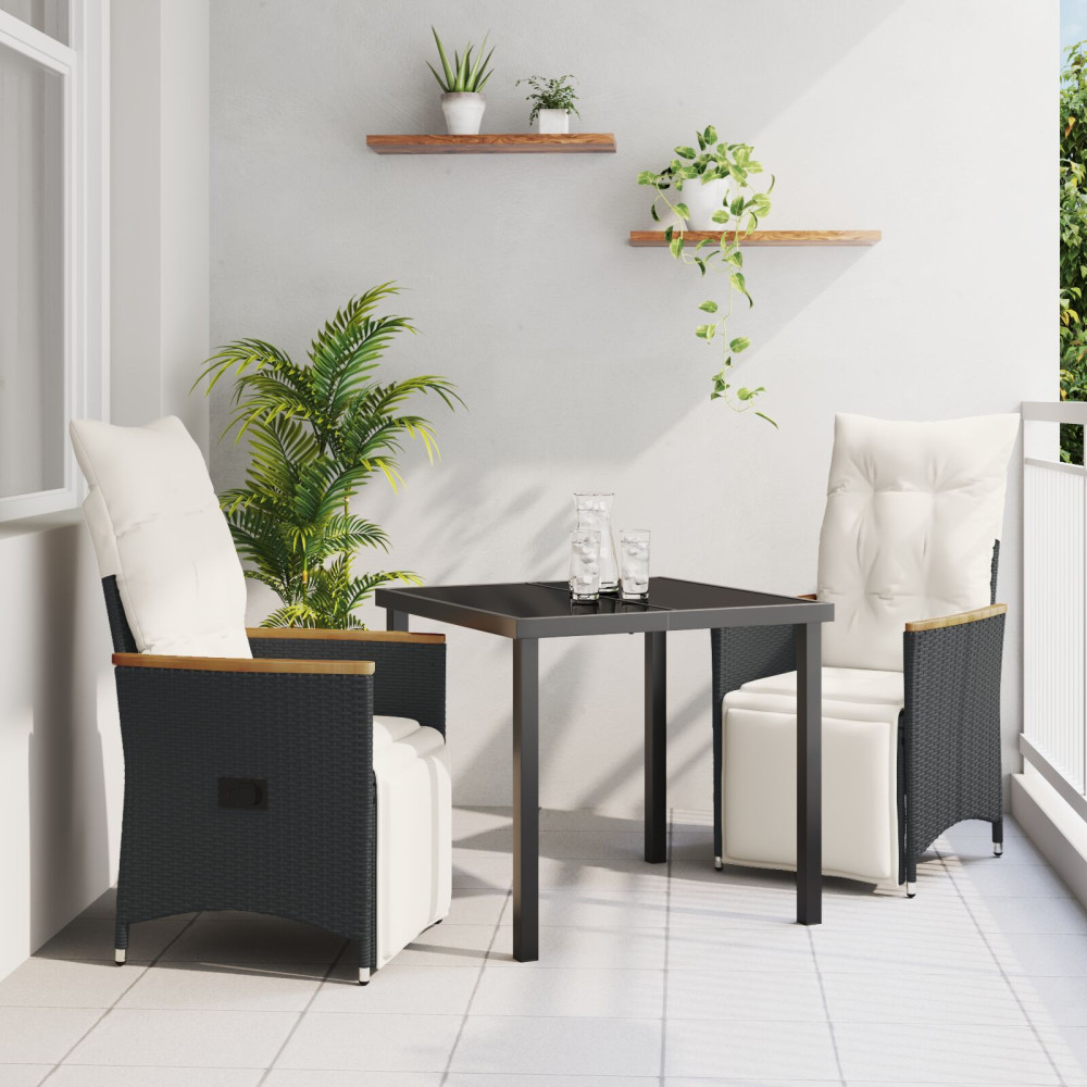 Produktbild för Trädgårdsmöbelset med kudde 3 pcs Svart konstrotting