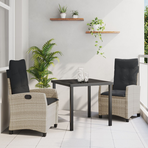 vidaXL Trädgårdsmöbelset med kudde 3 pcs Ljusgrå konstrotting