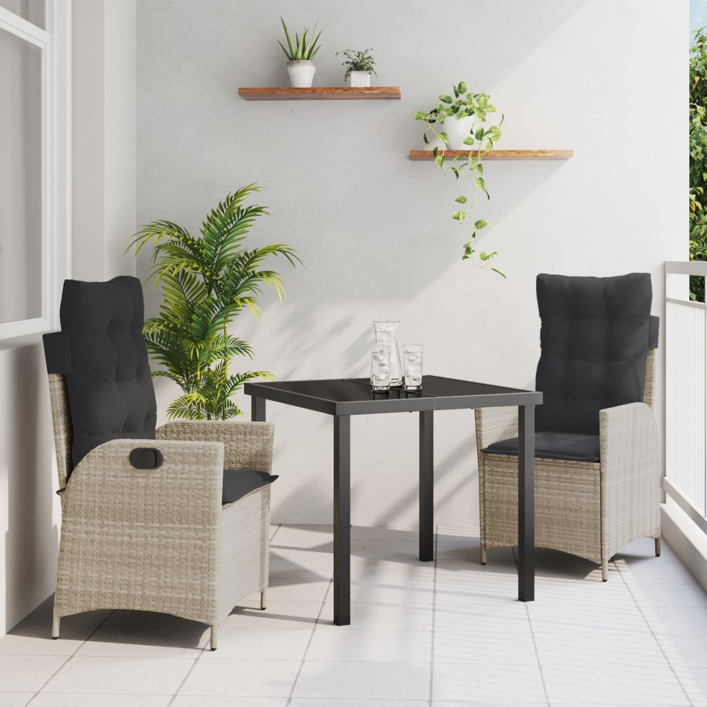 Produktbild för Trädgårdsmöbelset med kudde 3 pcs Ljusgrå konstrotting