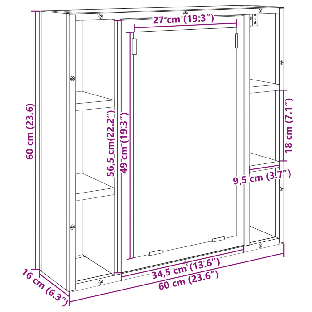 Produktbild för Spegelskåp med hylla Sonoma-ek 60 x 16 x 60 cm Konstruerat trä