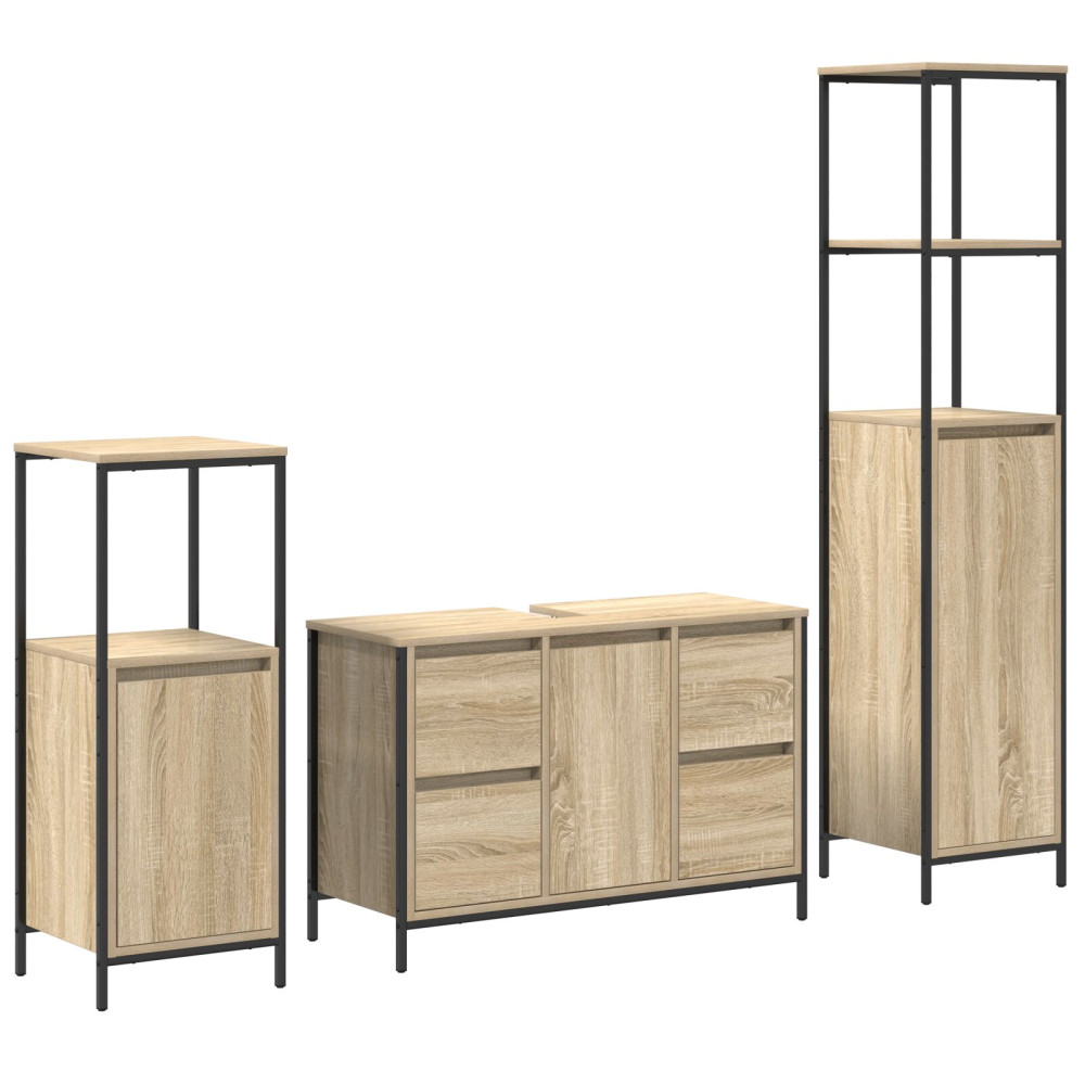Produktbild för Badrumsmöbelset 3 pcs Sonoma ek och svart Ingenjörsträ och stål