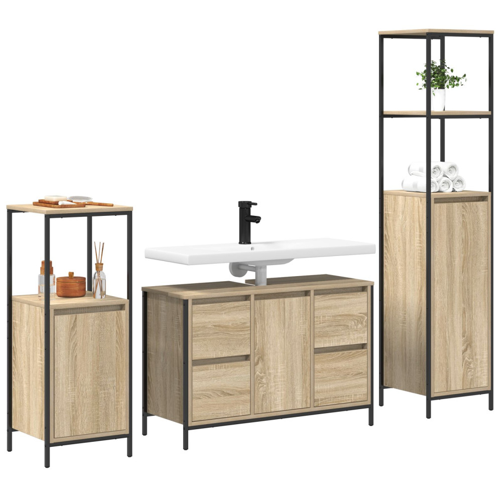 Produktbild för Badrumsmöbelset 3 pcs Sonoma ek och svart Ingenjörsträ och stål