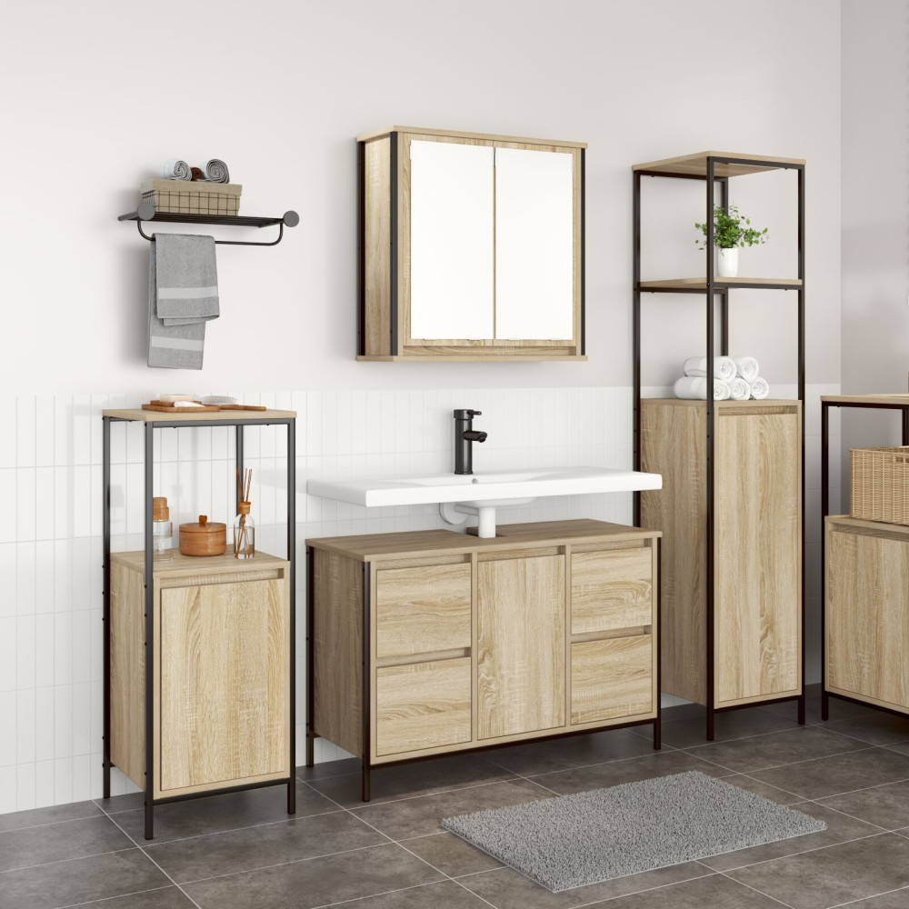 Produktbild för Badrumsmöbelset 3 pcs Sonoma ek och svart Ingenjörsträ och stål