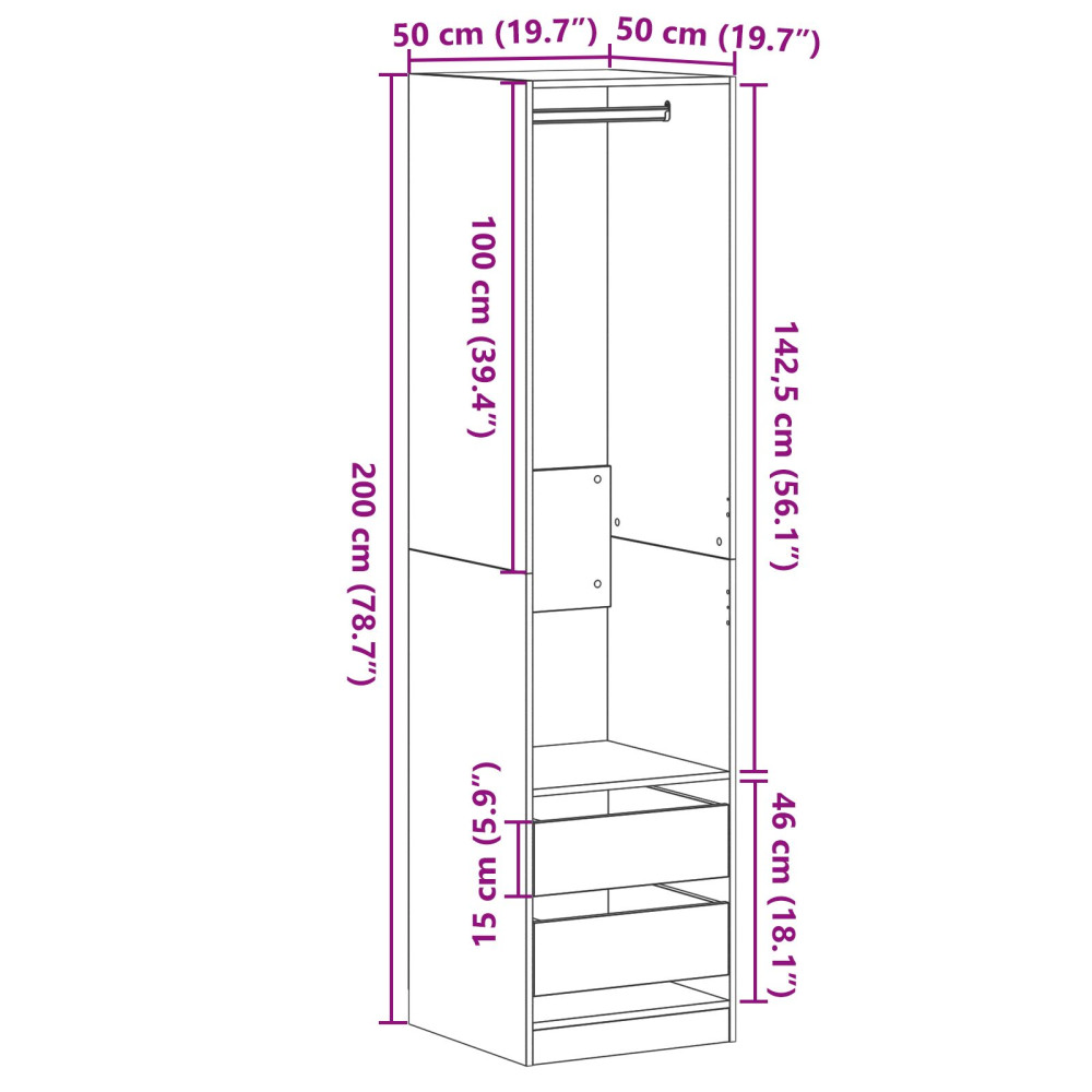 Produktbild för Garderob med låda Svart Ek 50 x 50 x 200 cm Konstruerat trä