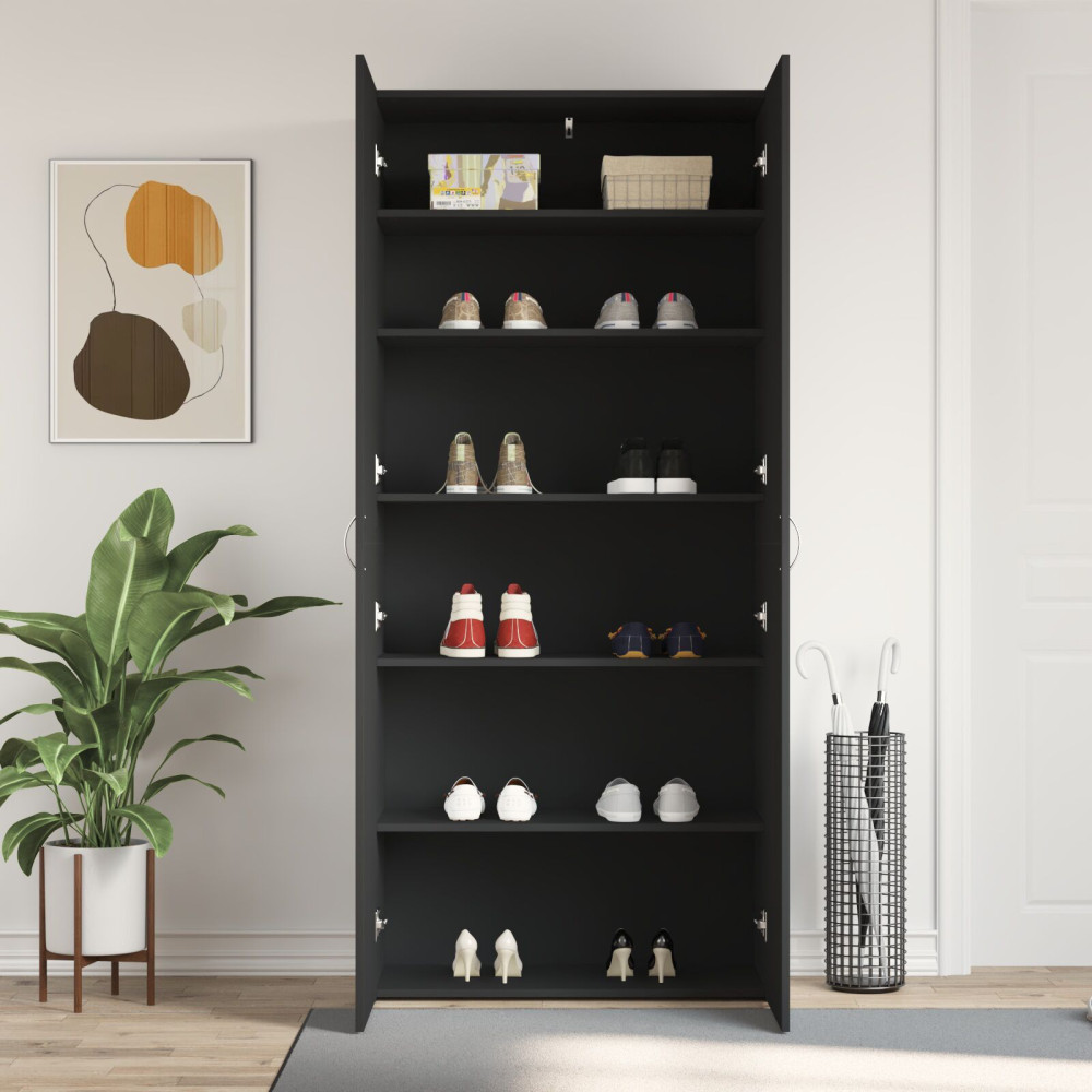 Produktbild för Skoskåp med hylla Svart 80 x 35.5 x 180 cm Konstruerat trä